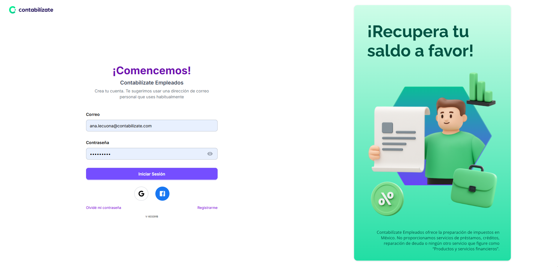 Captura de Inicio de Sesión y Registro parte 1